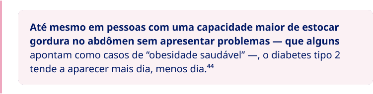 Até mesmo em pessoas com uma capacidade maior de estocar  gordura no abdômen sem apresentar problemas — que alguns  apontam como casos de “obesidade saudável” —, o diabetes tipo 2  tende a aparecer mais dia, menos dia.44